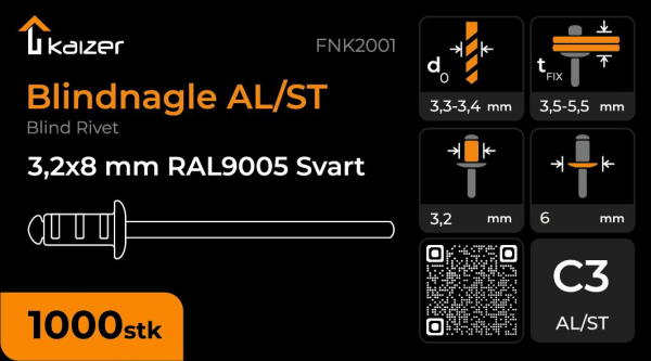 Nagle Kaizer 3,2x8 AL/ST 1000 stk - Bilde 2